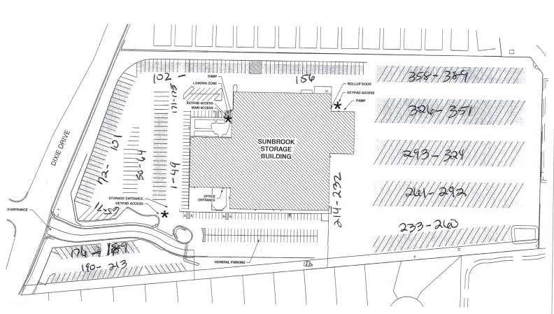 Outdoor RV, boat, and trailer storage site plan with numbered rows, driveway access, and keypad gate at Sunbrook Secure Storage