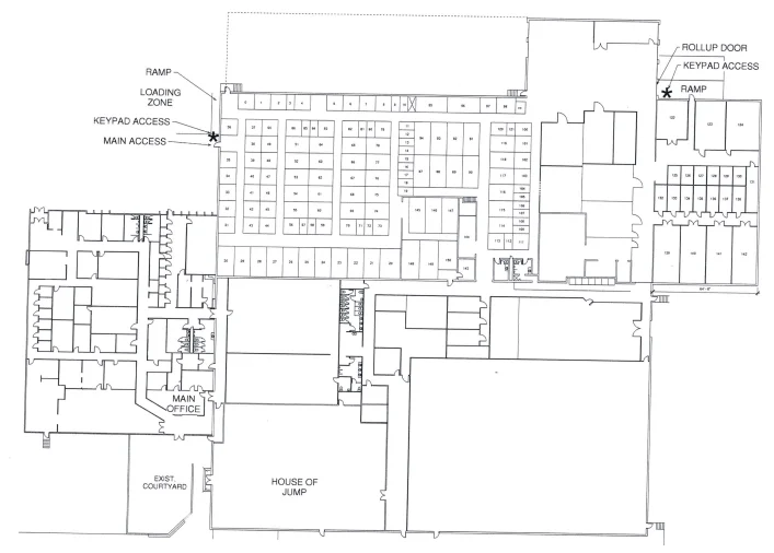 Indoor self storage facility site plan with unit locations, entrances, ramps, and keypad access at Sunbrook Secure Storage